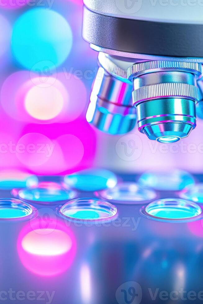 Intricate details of a microscope showcasing teal metallic components above vibrant fuchsia DNA samples on a sleek black lab table under glowing lights photo