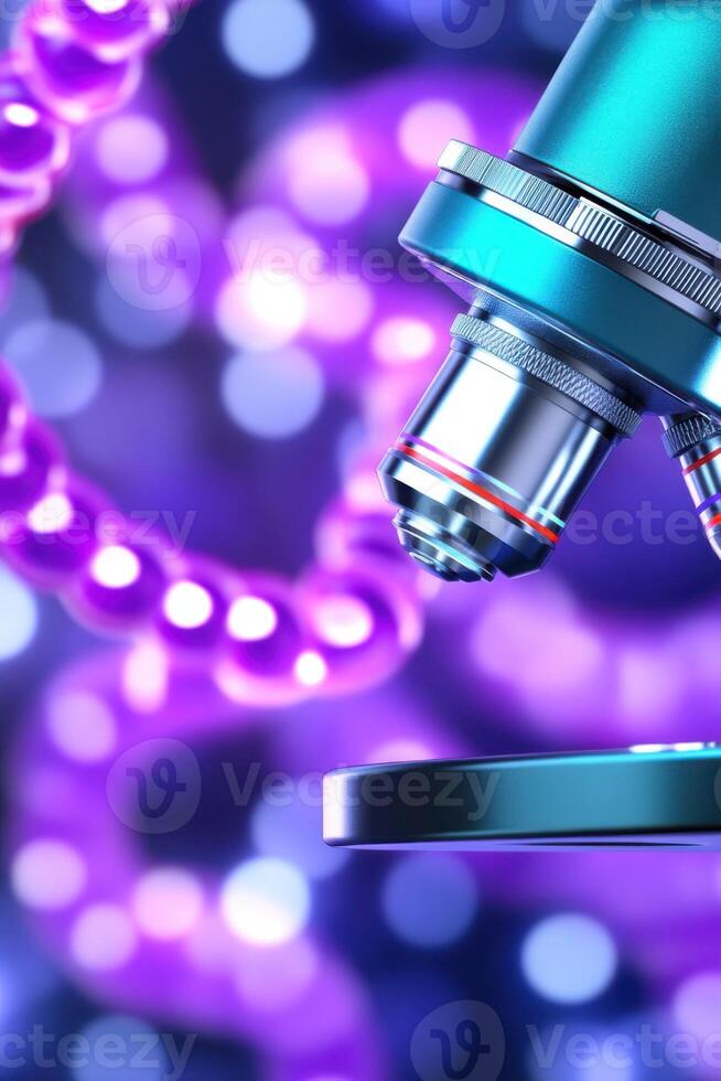 Microscopic analysis of DNA samples with teal metallic microscope on black lab table under vibrant fuchsia background photo