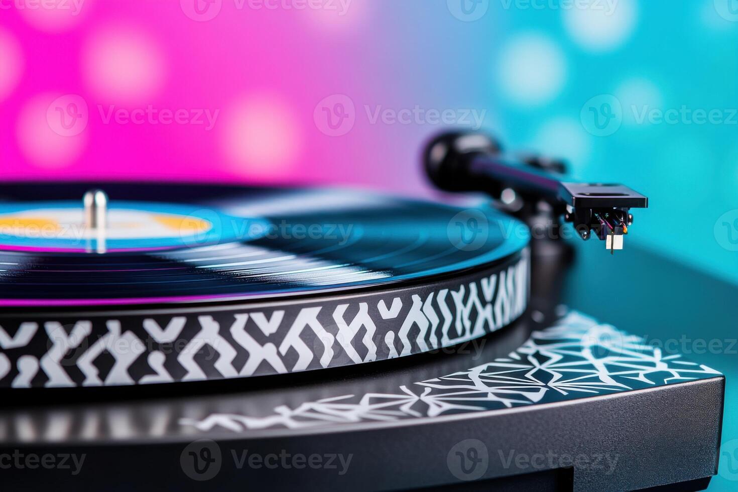 Vinyl record with vibrant teal and fuchsia patterns spinning dynamically on a matte black turntable, creating a retro-futuristic atmosphere photo