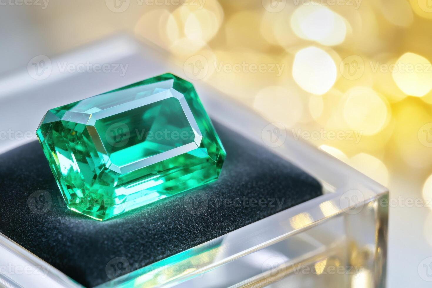 Vibrant emerald gemstone showcased in a glass display case creating a regal and captivating ambiance with golden reflections photo