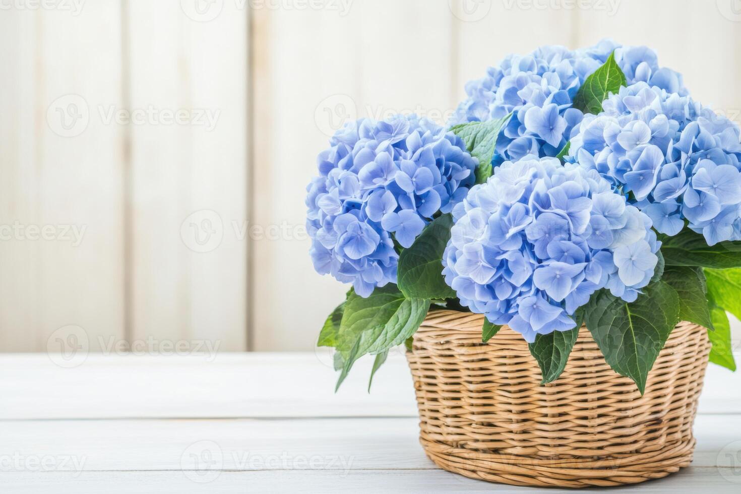 Delicate blue hydrangeas arranged in a rustic basket on a wooden surface illuminated by soft natural light photo