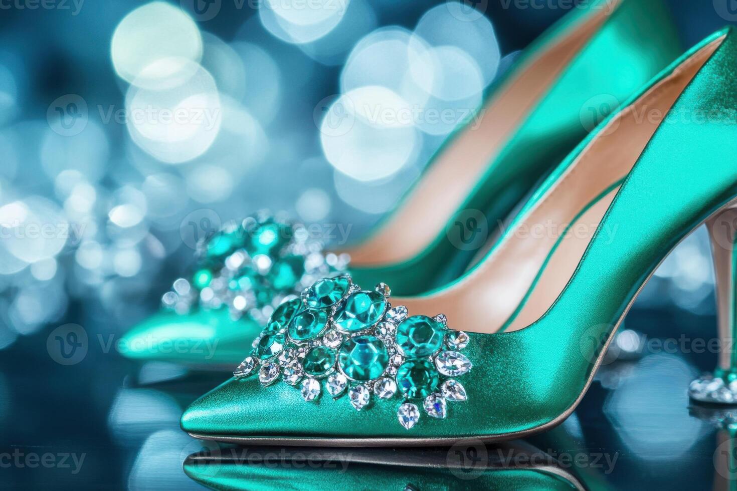High-fashion emerald green stilettos with jeweled embellishments displayed elegantly on a glossy black surface under dramatic lighting photo