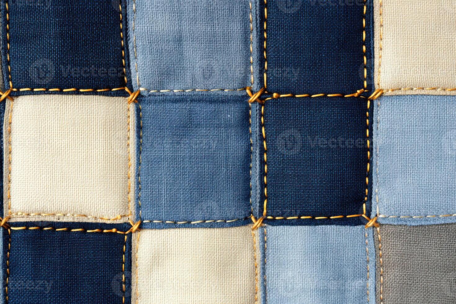 Abstract fabric collage featuring navy blue and gray tones with golden stitching against a weathered wooden background, showcasing artisanal texture and design photo