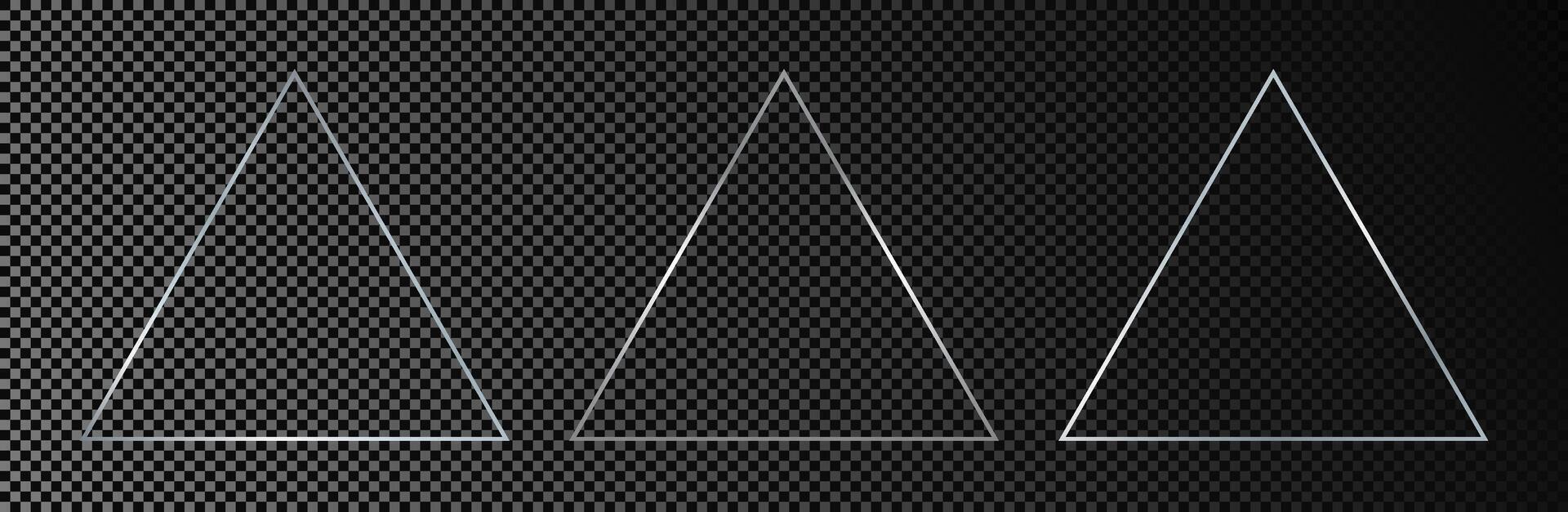 Three silver glowing triangle frames vector