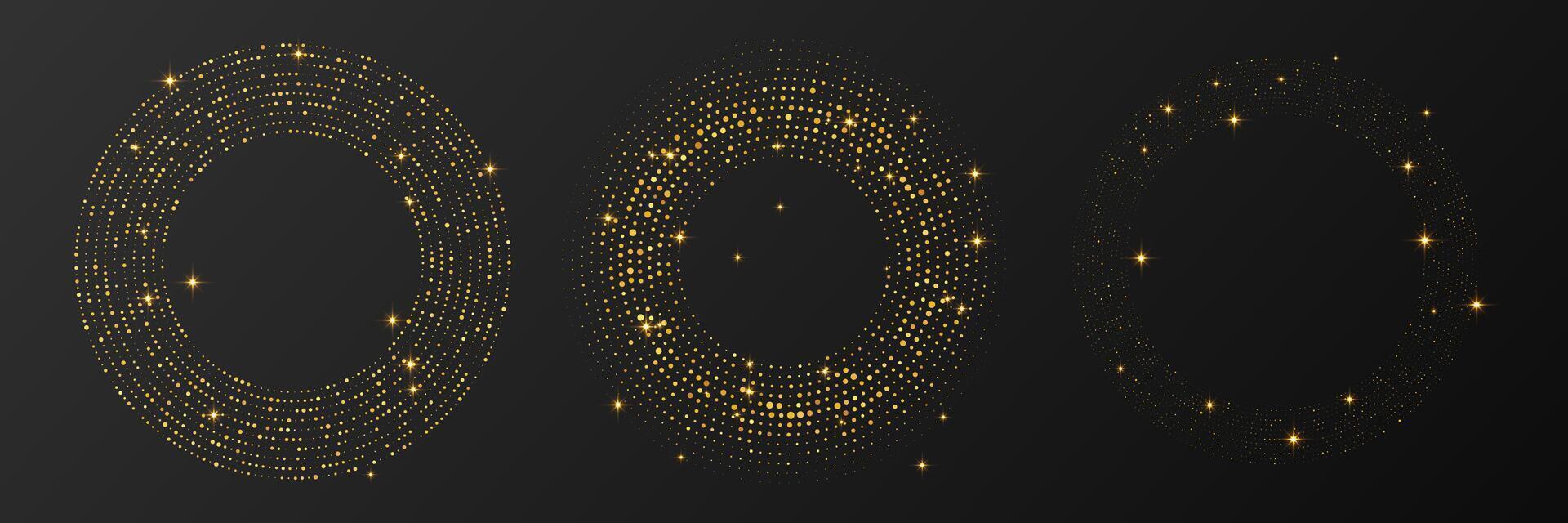 Abstract gold glowing halftone dotted background. Set of three gold glitter patterns in circle form. Circle halftone dots vector