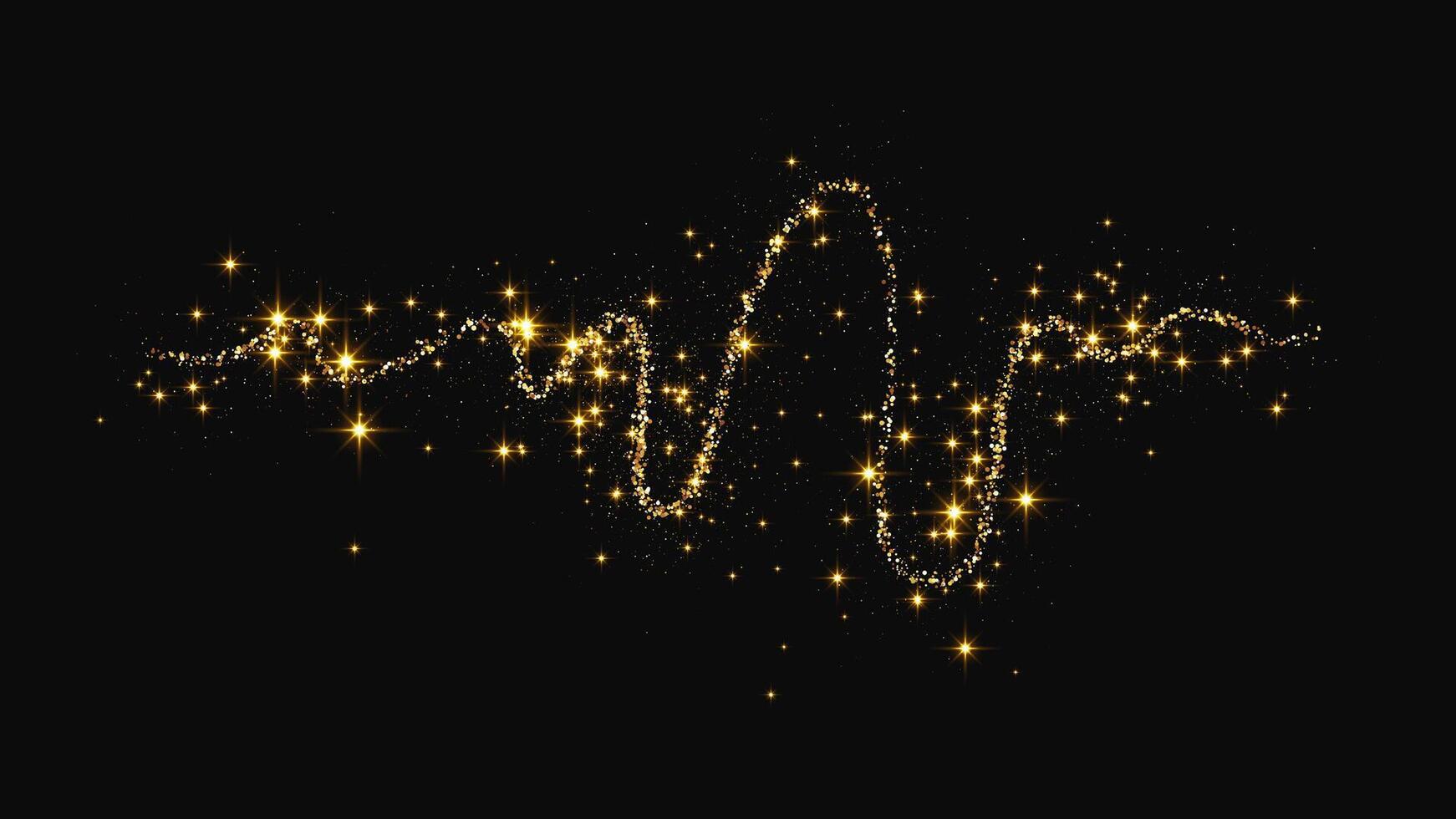 Gold glittering confetti wave and stardust. Golden magical sparkles on dark background vector