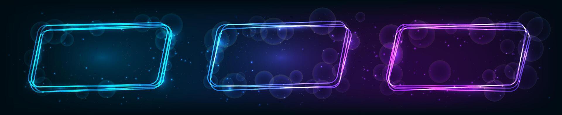 Set of three neon rounded parallelogram frames with shining effects and sparkles on dark background. Empty glowing techno backdrop. illustration vector