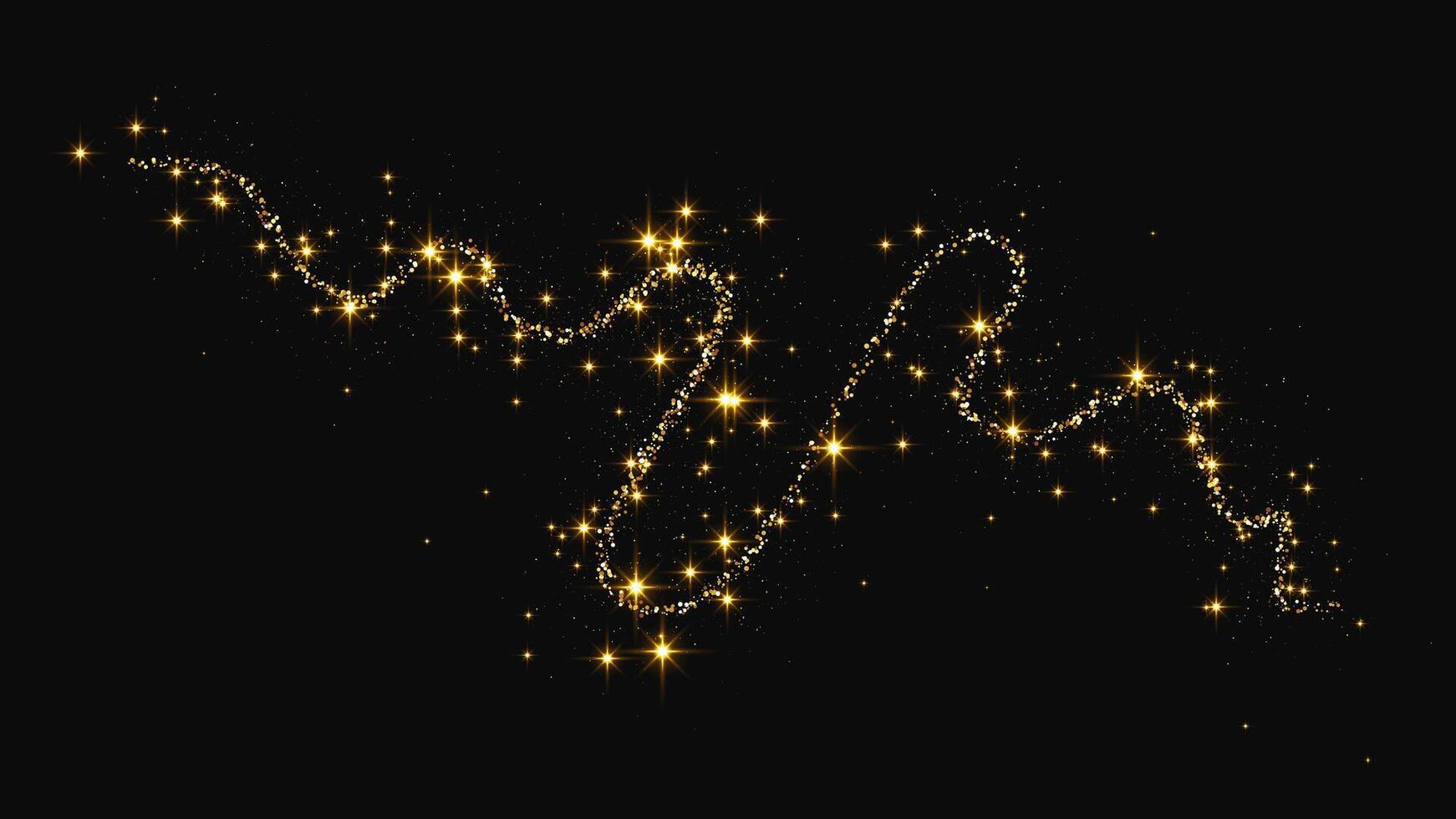 Gold glittering confetti wave and stardust. Golden magical sparkles on dark background. illustration vector