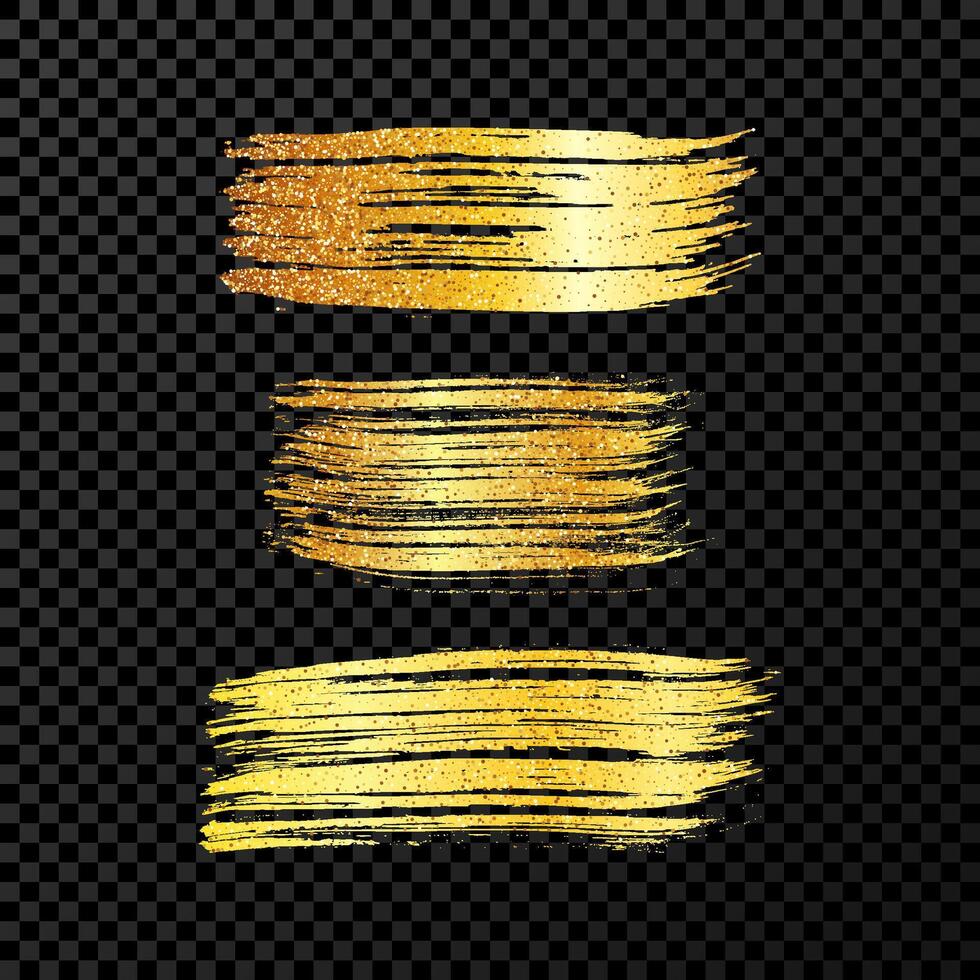 Set of three gold brush strokes. Hand drawn ink spots isolated on dark transparent background. illustration vector