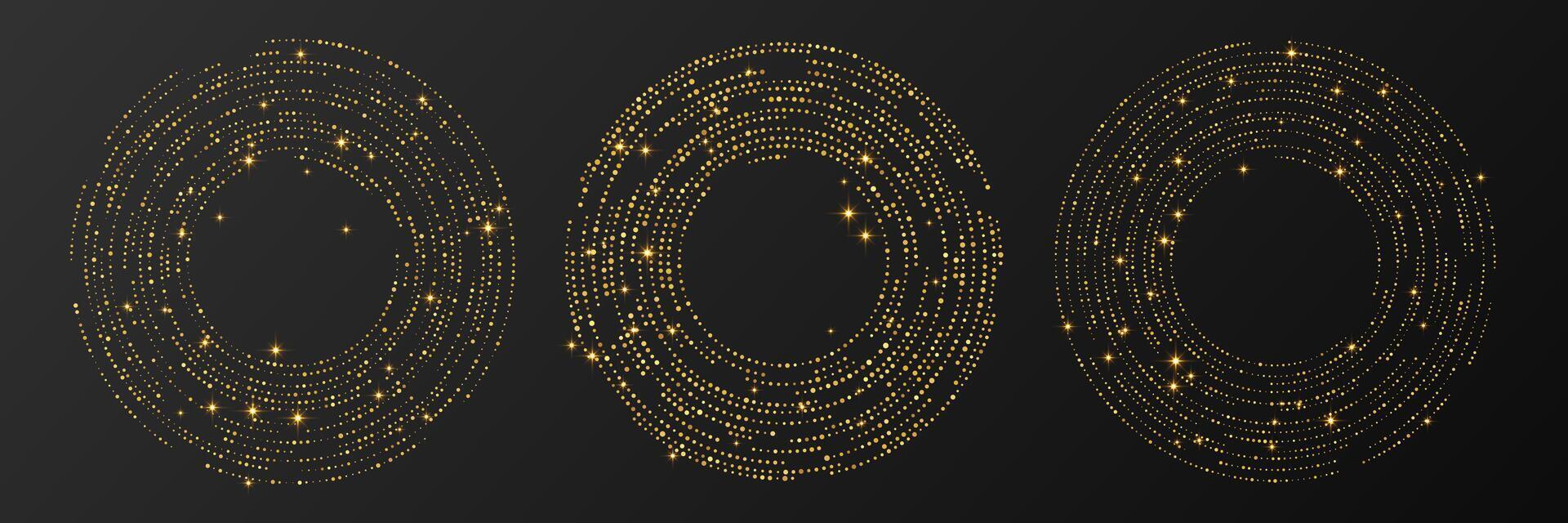 Abstract gold glowing halftone dotted background. Set of three gold glitter patterns in circle form. Circle halftone dots. illustration vector