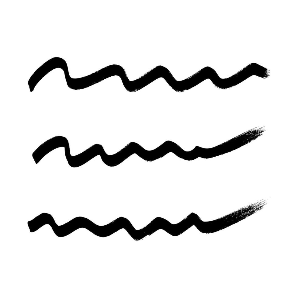 Black wavy grunge brush strokes. Set of three painted ink stripes. Ink spot isolated on white background. illustration vector