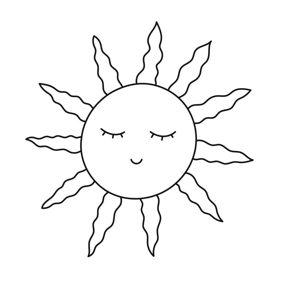 Lovely black and white esoteric sun with face with closed eyes and wavy rays. Hand drawn tarot, Sun of May and Argentine symbol. Mystical and magic doodle isolated on white for tattoo, design, web. vector