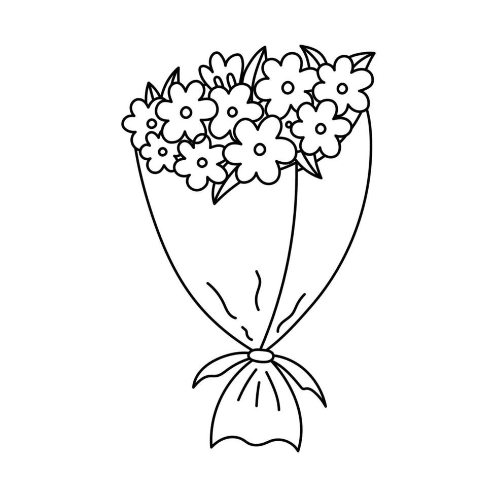 Childish outline bouquet of flowers for present at Valentine day, birthday, International Women Day, wedding. Hand drawn spring floral gift. Cute doodle of bunch of flower blossom isolated on white. vector
