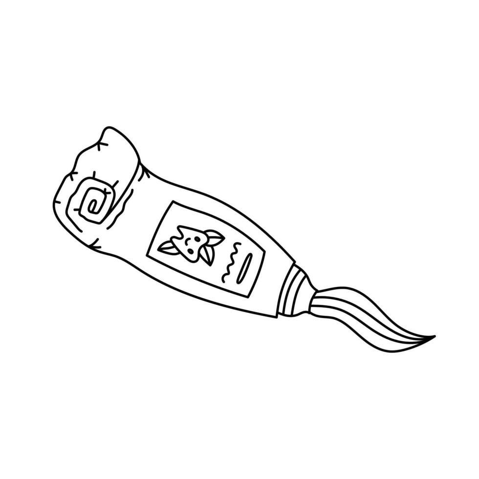 Lovely outline rolled up toothpaste tube with squeezing paste from it with mint flavor. Hand drawn used open toothpaste with smiling teeth, leaves on label. Dental care doodle isolated on white. vector