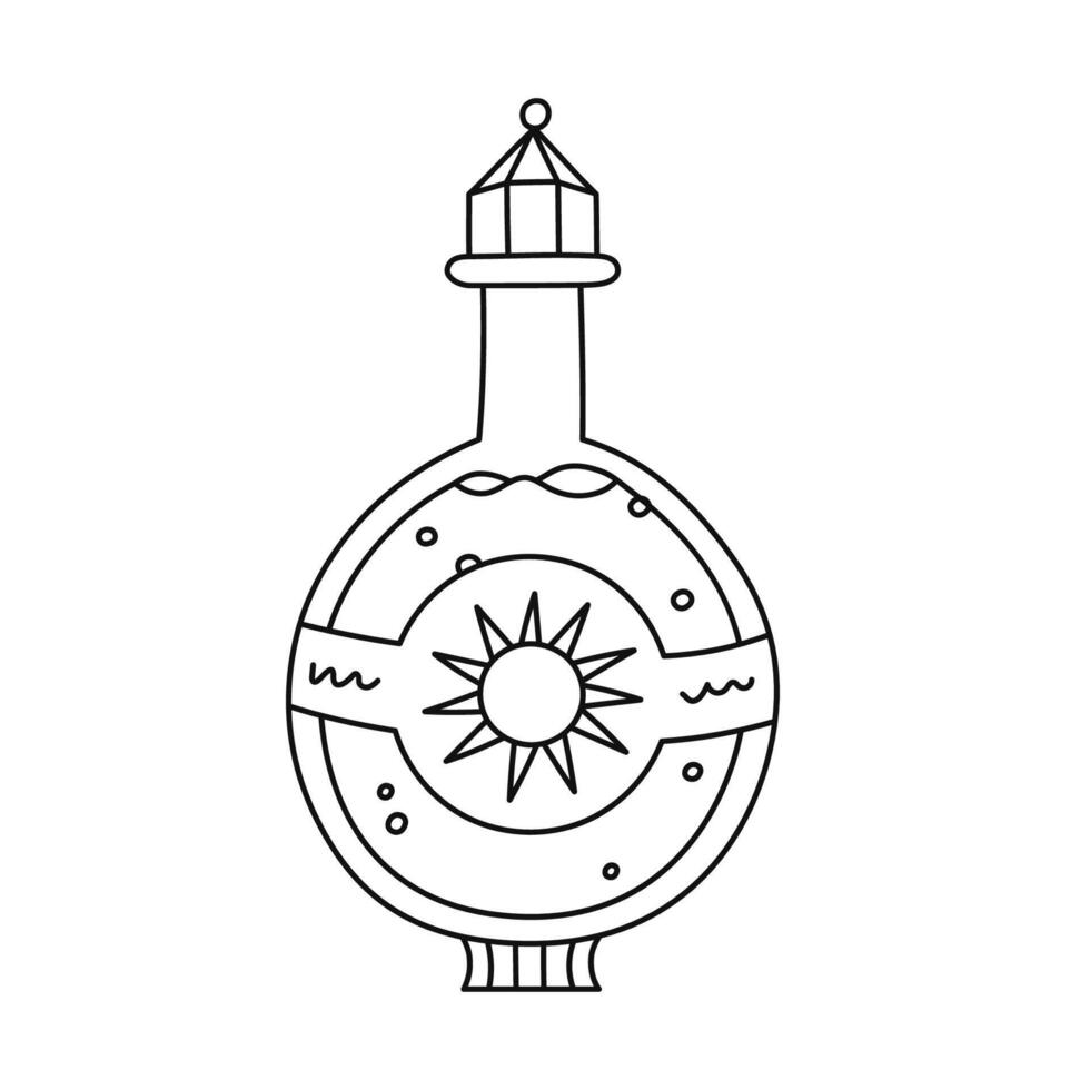 Lovely scribble magic potion in round bottle with sun symbol on label, vintage lid for sunshine energy. Hand drawn esoteric and alchemy elixir in glass jar of witch and wizard isolated on white. vector