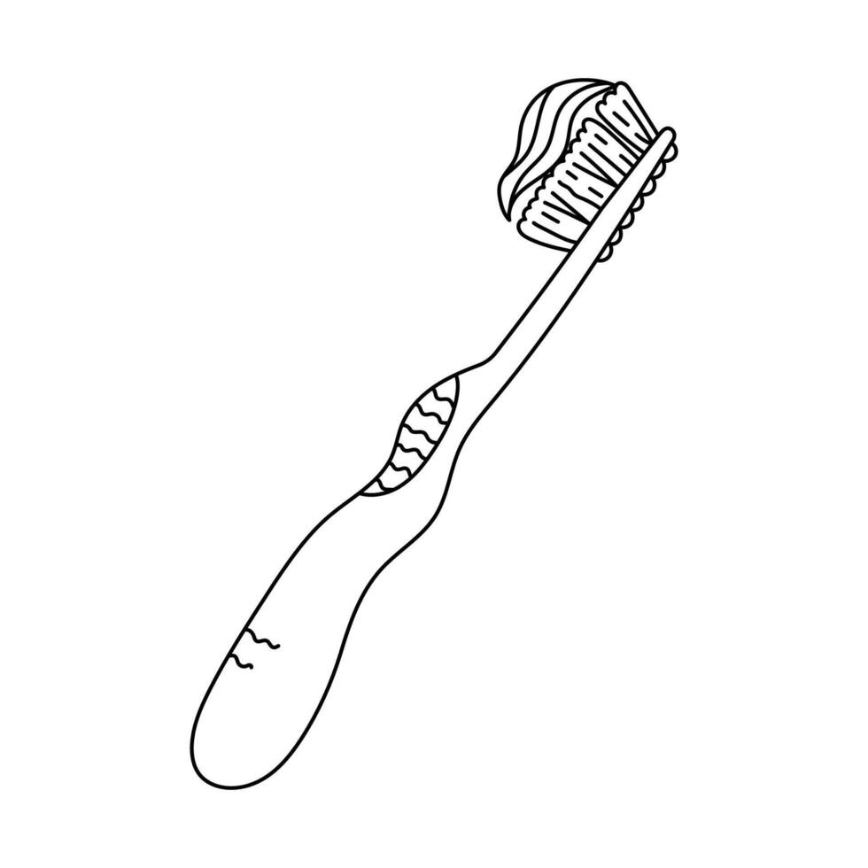 Lovely outline manual toothbrush with squeezed toothpaste on it. Cute hand drawn brush for teeth hygiene and everyday dental routine for kids and adults. Oral care doodle isolated on background vector
