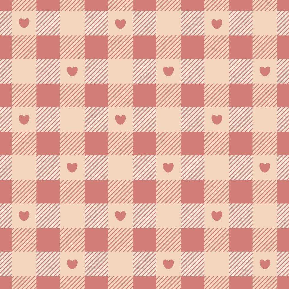 Seamless Vichy check pattern for Valentine's Day. Gingham pattern with hearts in pastel pink. Design for blanket, shirt, wrapping other modern holiday print. vector