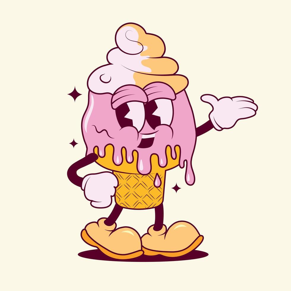 Groovy Ice Cream. Ice Cream Logo. Funny Retro Gelato in a Waffle Cup with Ice Sweets Mascot. Sticker Inspired by 70s and 80s Style. vector