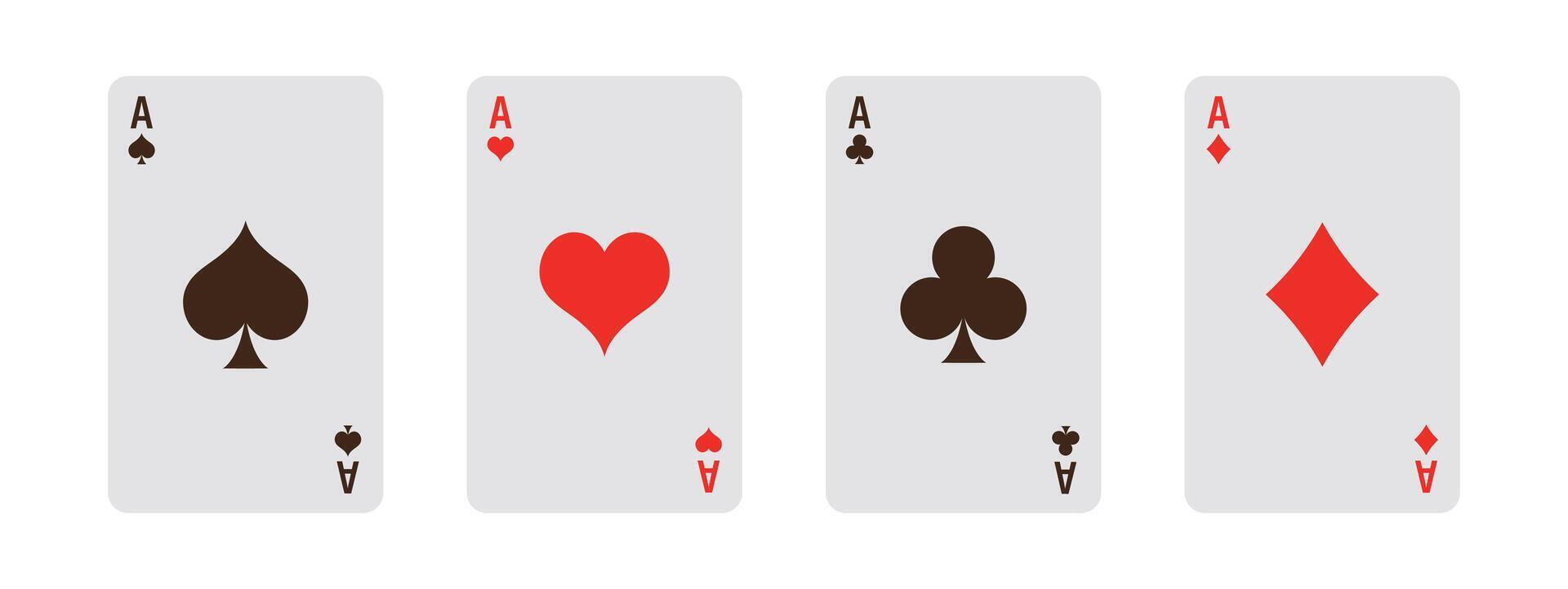 Card suits. All types of playing, poker cards on white background. Vegas casino red and white poker cards in row. Gambling addiction, risky money, lucky game. vector