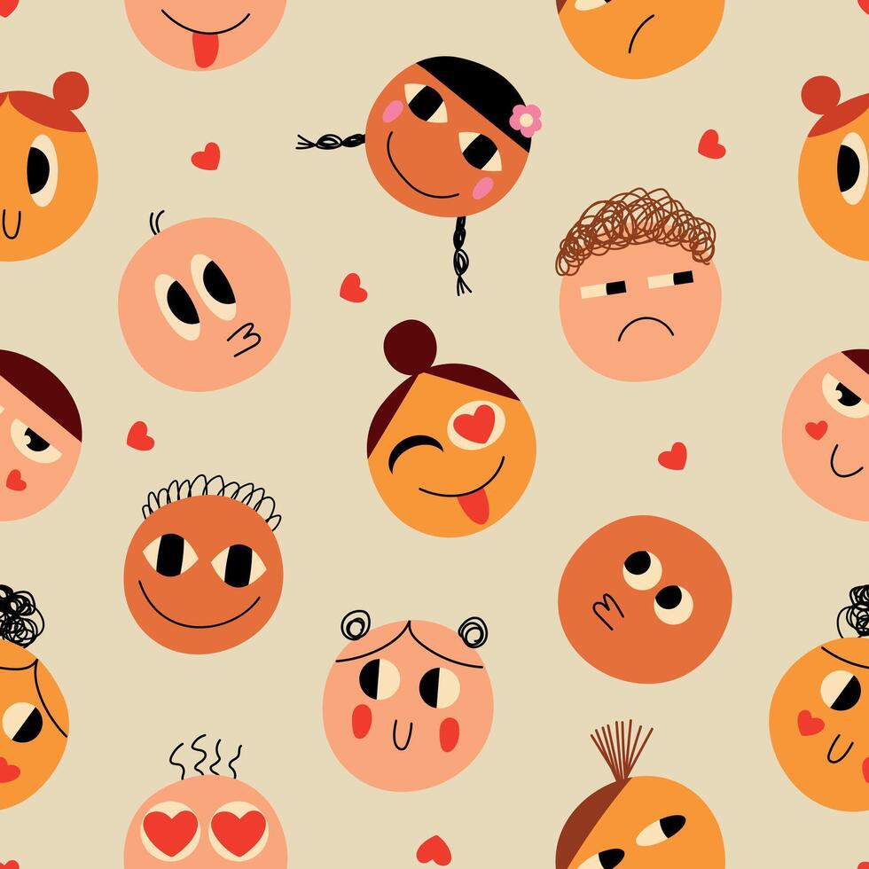 Seamless pattern for Valentine's Day. Funny happy comic faces of lovers. Romantic concept. Textile and fabric design, wrapping paper vector