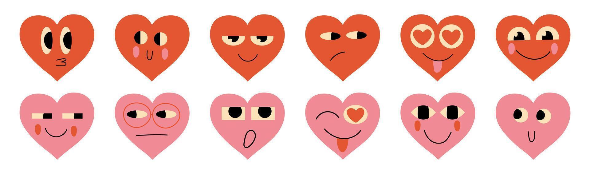 Groovy lovely hearts stickers. Happy valentine's day concept. Illustration in pink red colors. Funky happy heart character. vector