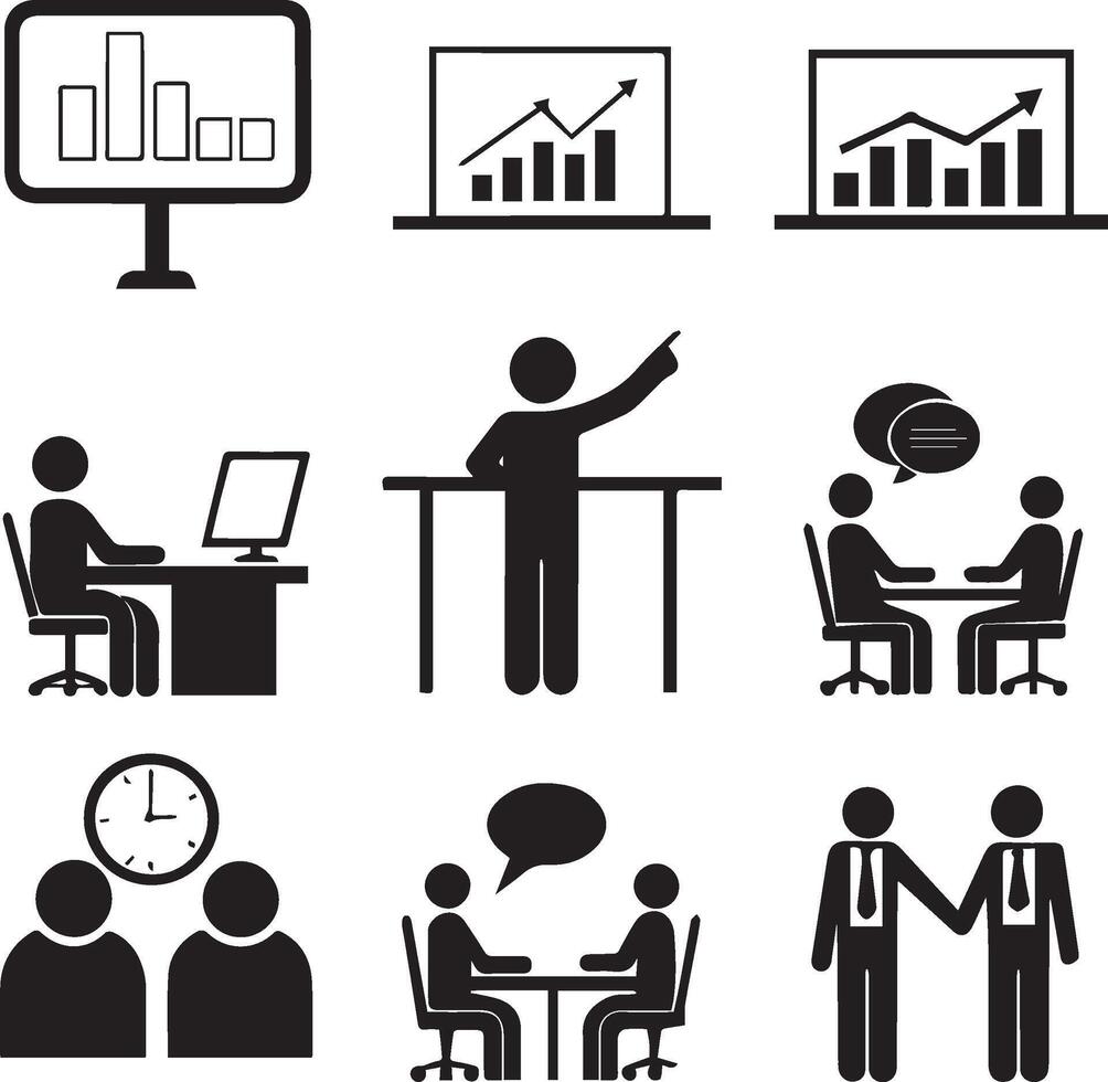 black and white icons related to business and presentation vector