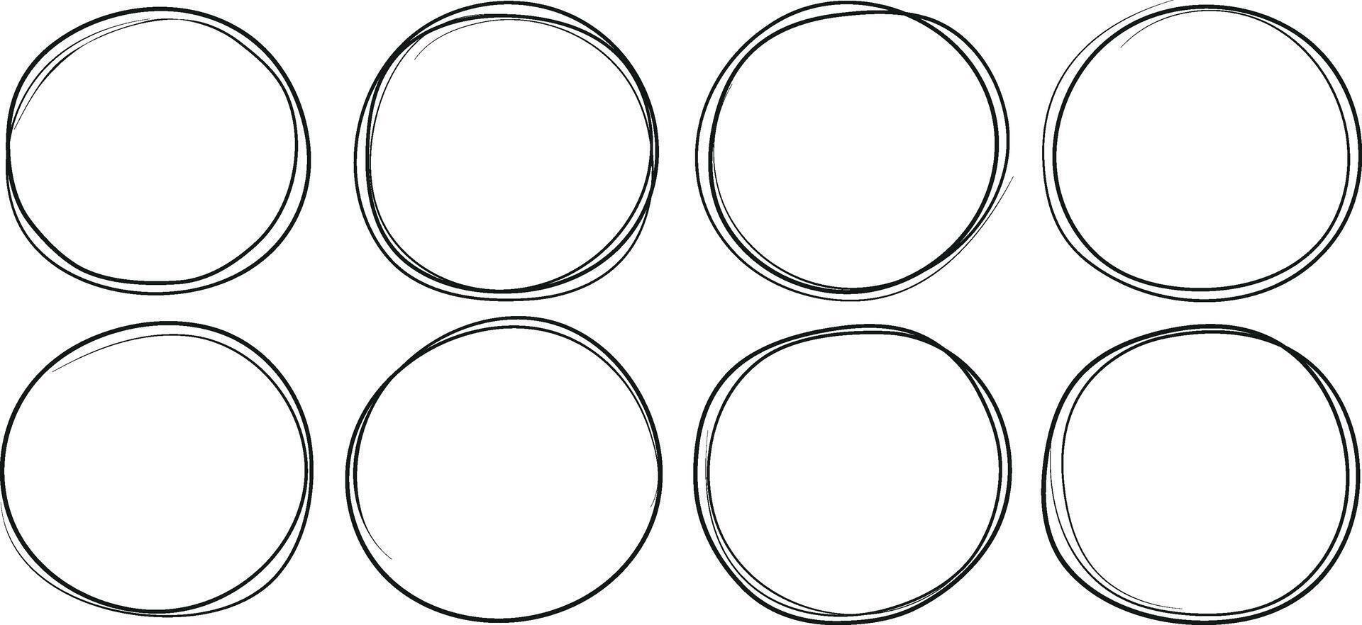 Hand drawn circle line sketch set. Circular scribble doodle round circles for message note mark design element. Pencil or pen graffiti bubble or ball draft illustration. Frame for textbox. vector