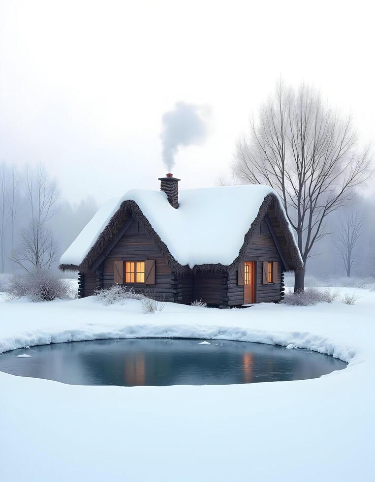 A cozy winter cabin with smoke coming from the chimney, surrounded by snow photo