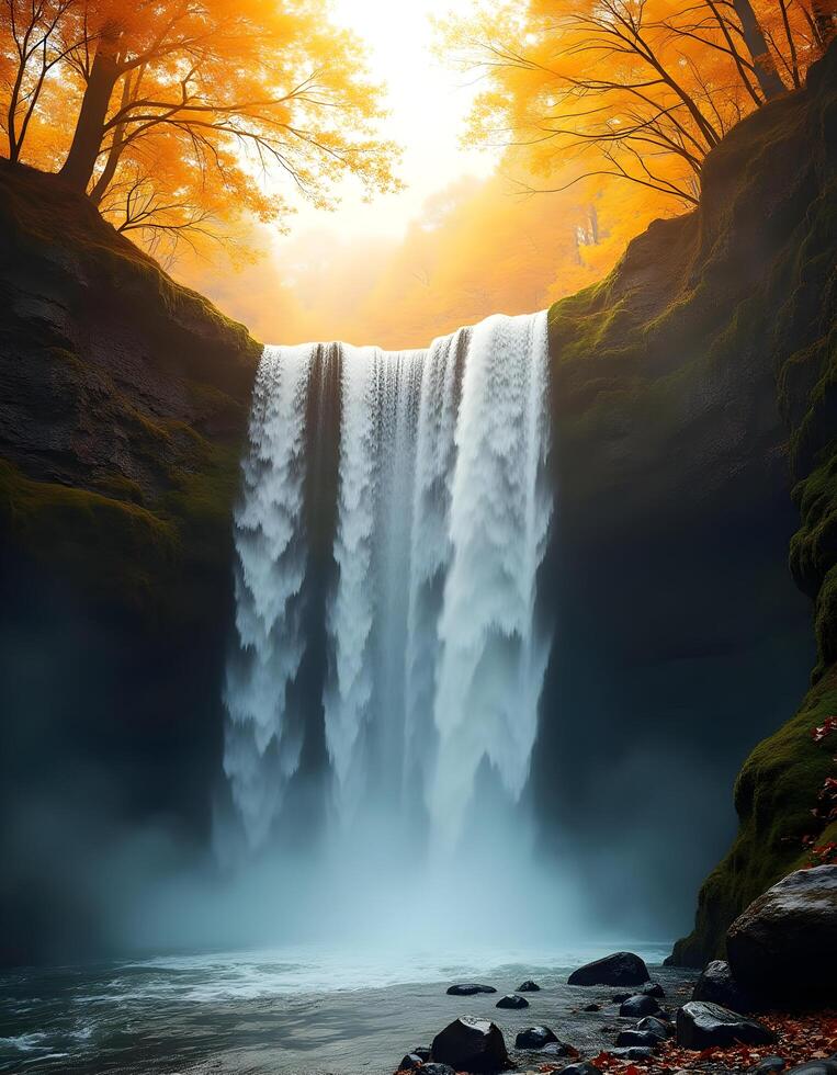 A cascading waterfall surrounded by lush greenery, isolated white background. photo