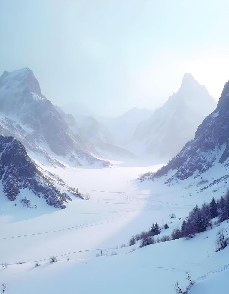 a snow-covered valley nestled between rugged mountains under a dramatic, photo