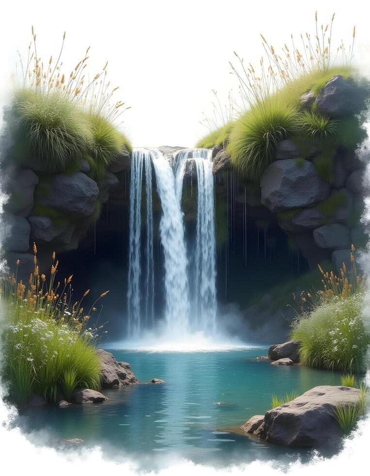 A cascading waterfall surrounded by lush greenery, isolated white background8 photo