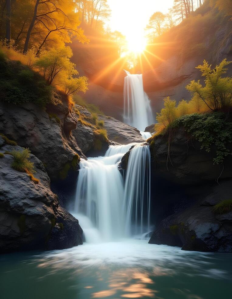 A cascading waterfall surrounded by lush greenery isolated white background4 photo