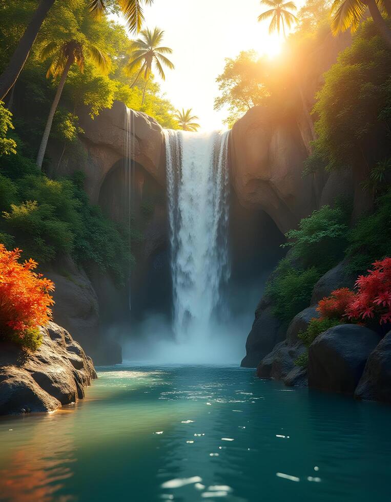 A cascading waterfall surrounded by lush greenery, isolated white background7 photo