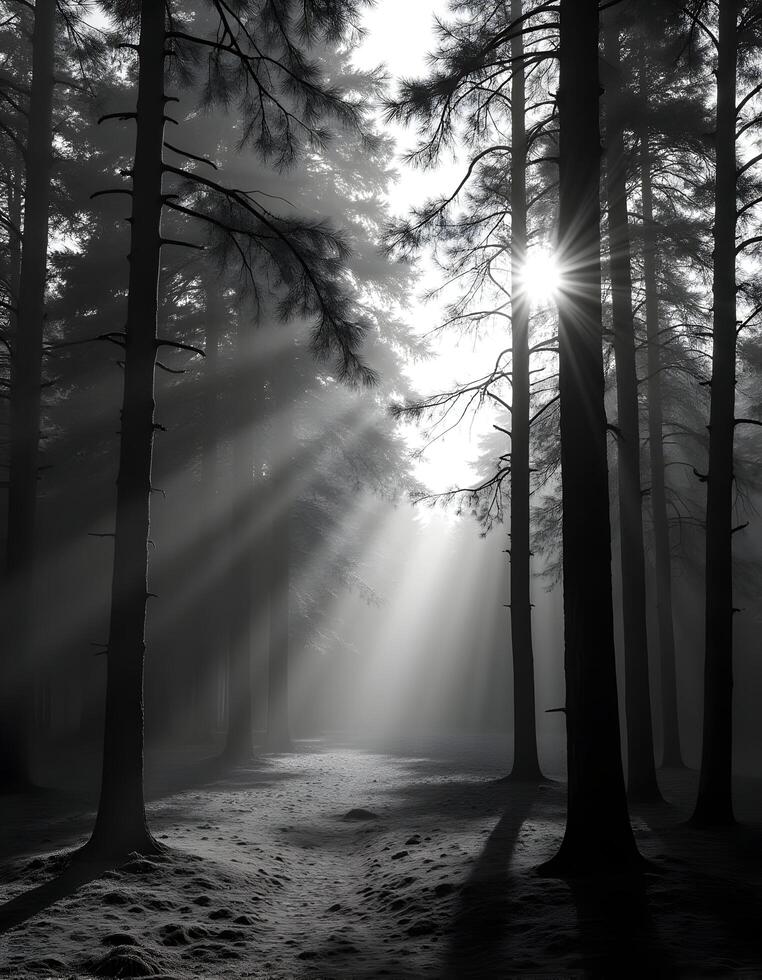 A serene illustration of a dense forest with tall pine trees photo