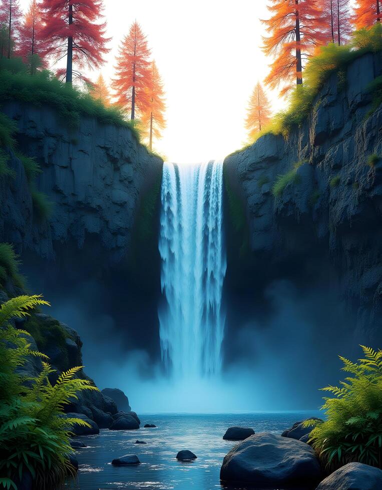 A cascading waterfall surrounded by lush greenery isolated white background6 photo