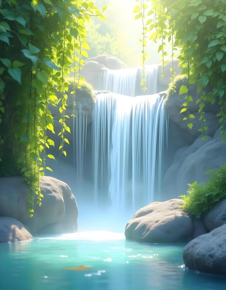 ed by lush greenery isolated white background3 cascading waterfall surround. photo
