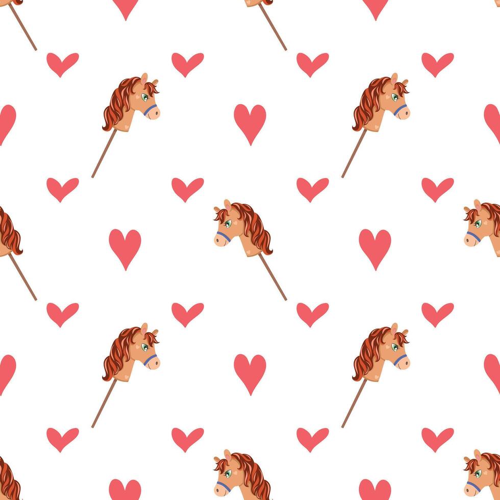 childish seamless pattern of brown horse on stick and red hearts on white background vector