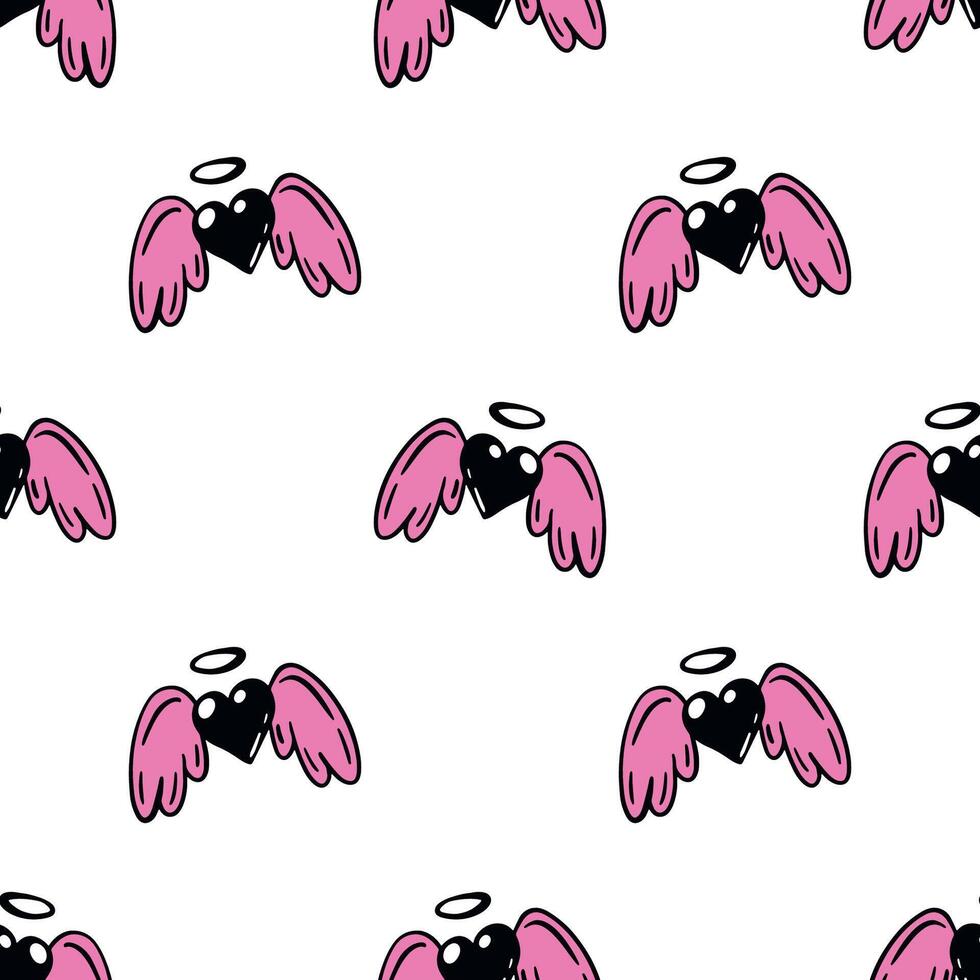 seamless pattern of doodle black hearts with pink wings and nimbus on white background, romantic valentines day texture vector