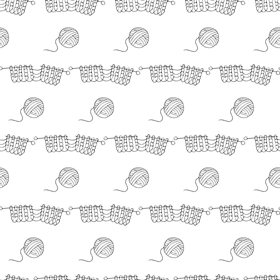 Knitted fabric and a ball of thread, wound by hand. Doodle style. Seamless pattern. vector