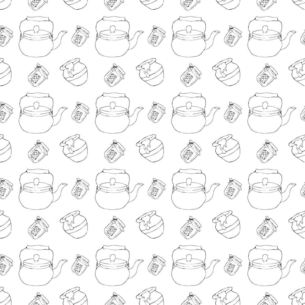 Metal teapot, glass jar with honeycomb and clay pot. Tea with honey concept. Doodle style. Seamless pattern. vector