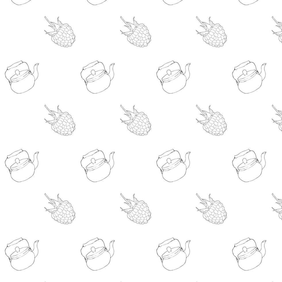 Metal teapot and raspberry berry. Raspberry tea concept. Doodle style. Seamless pattern. vector