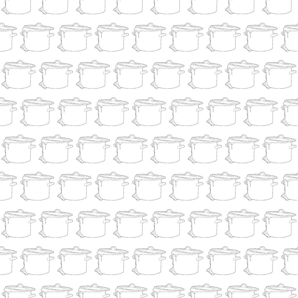Saucepan with boiling yeast dough. Doodle style. Seamless pattern. vector