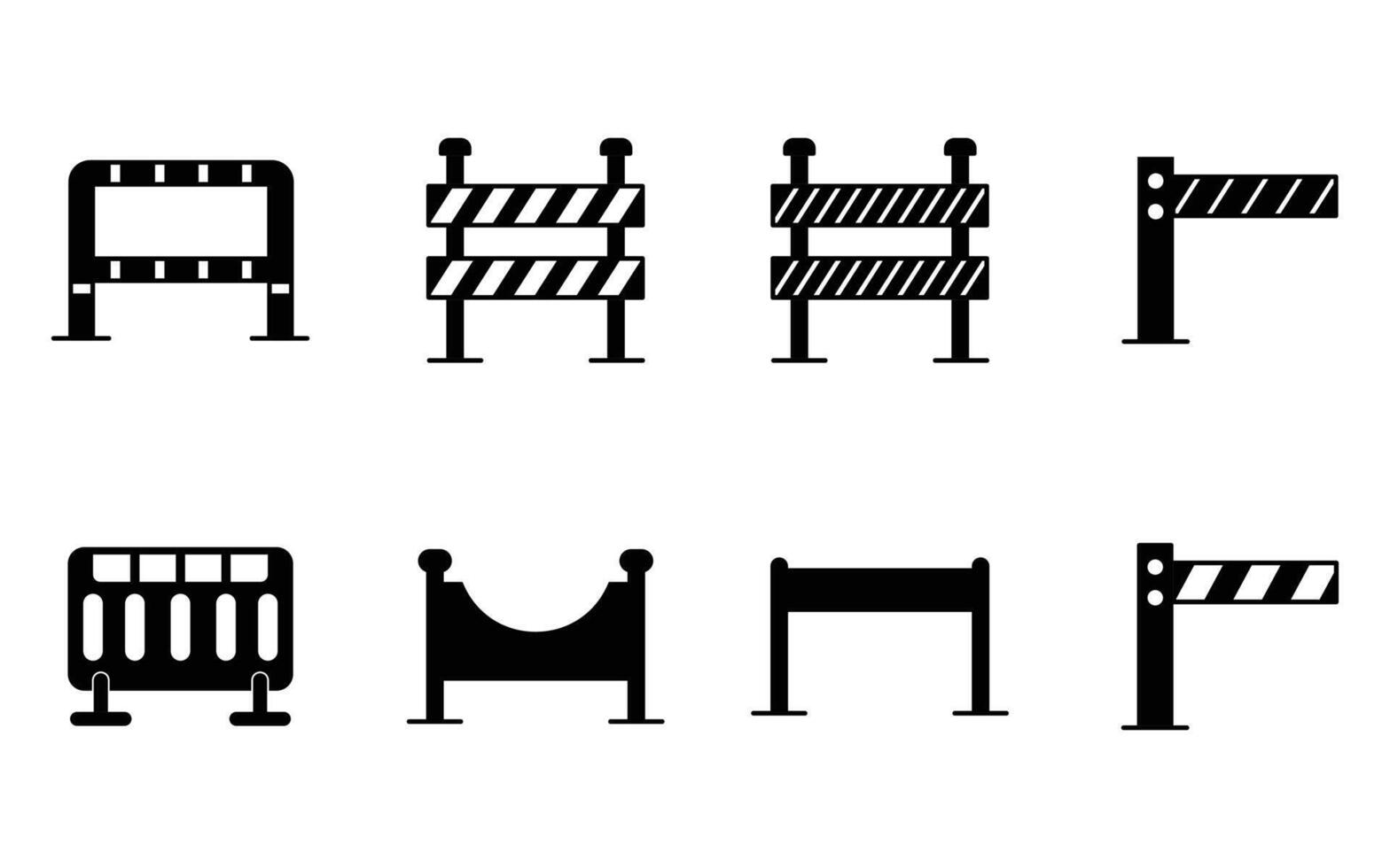 Roadblock barrier flat black and white icons set. Road barrier symbol. Guardrail or Road barrier collections. road block and pedestrian barrier. Under construction icons. vector