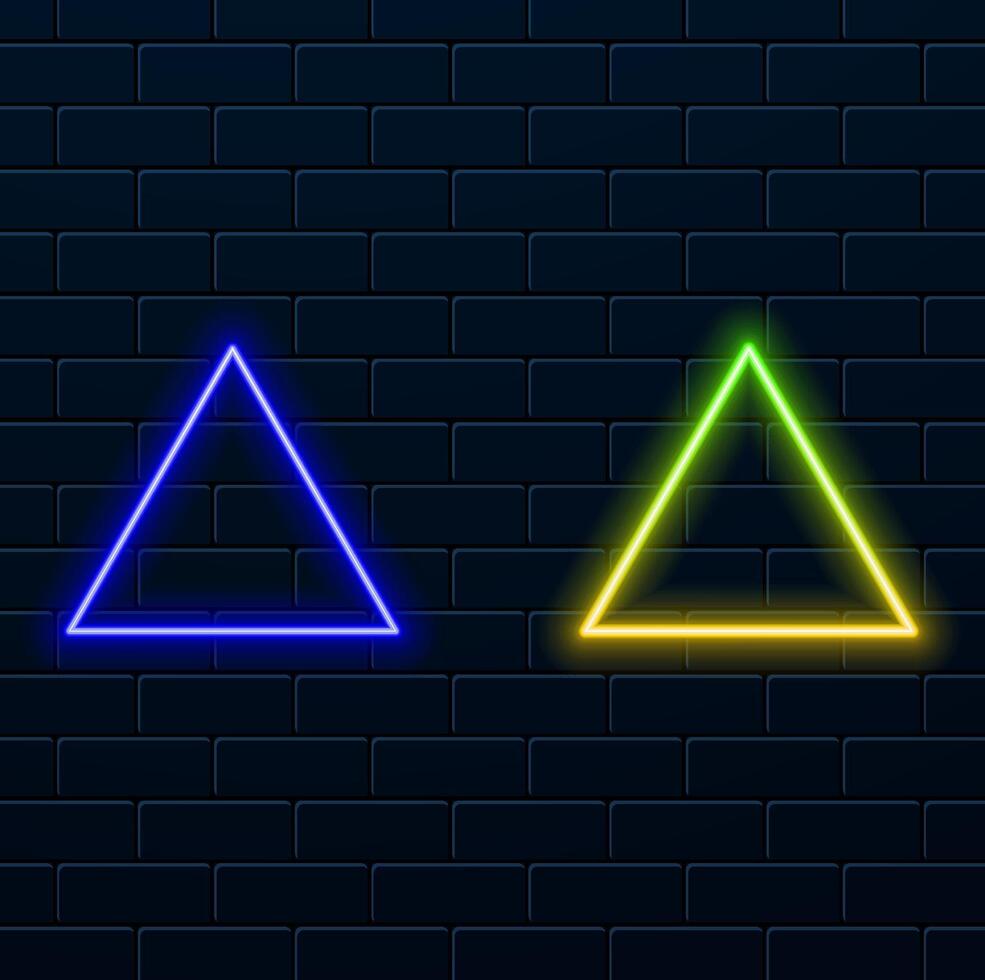 Set of neon button triangles. Bright colored border with copy space. Isolated realistic neon frame. vector