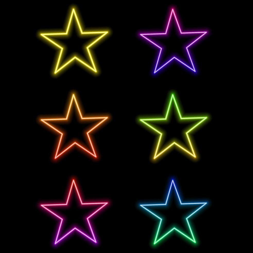 Neon star frame or neon lights sign. abstract background, tunnel, portal. Geometric glow, star shape outline, laser bright lines. vector