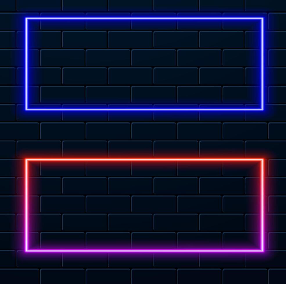 Blue red neon rectangle with rounded edges, lighting frame, bright neon light border, retro led neon lamp tube on dark background vector