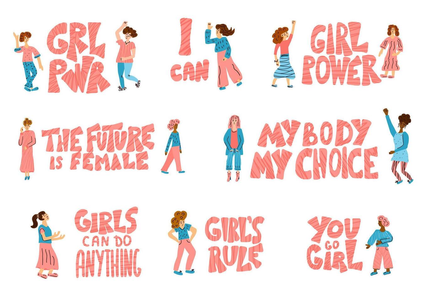 Girl power phrase. Set of quotes and characters. vector
