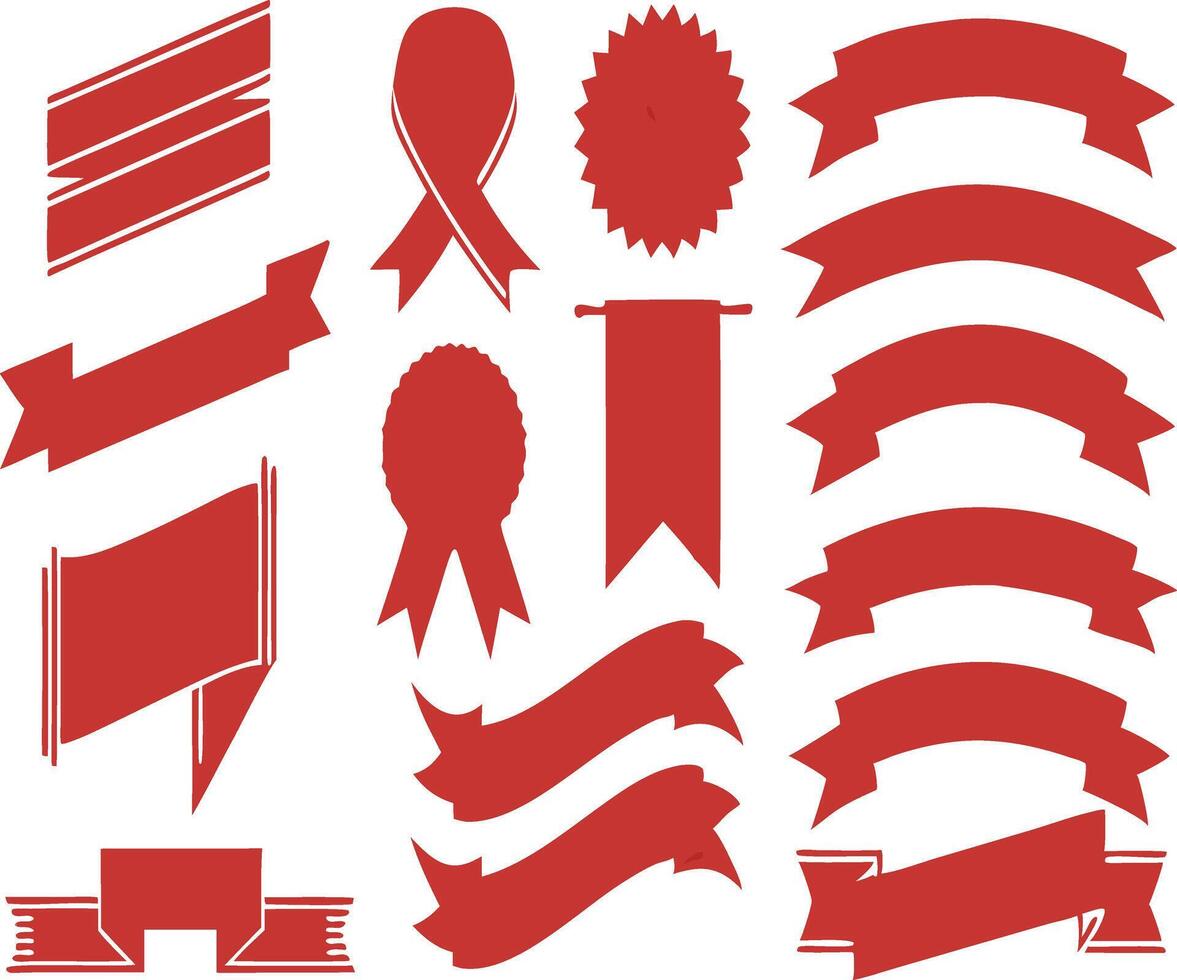set of red ribbons banners labels graphic design element vector