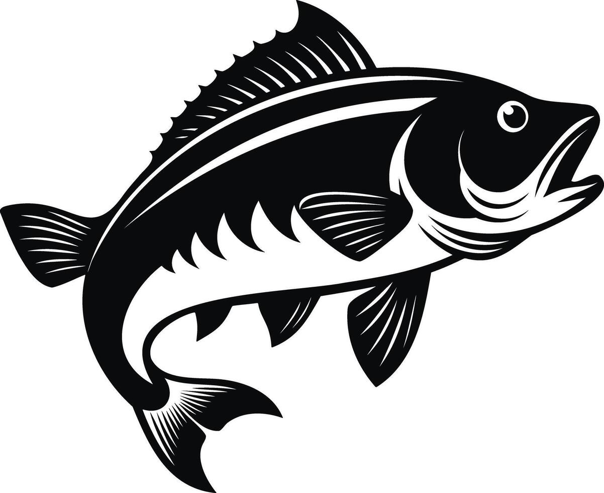 A striking, black and white graphic of a fish leaping out of the water. vector