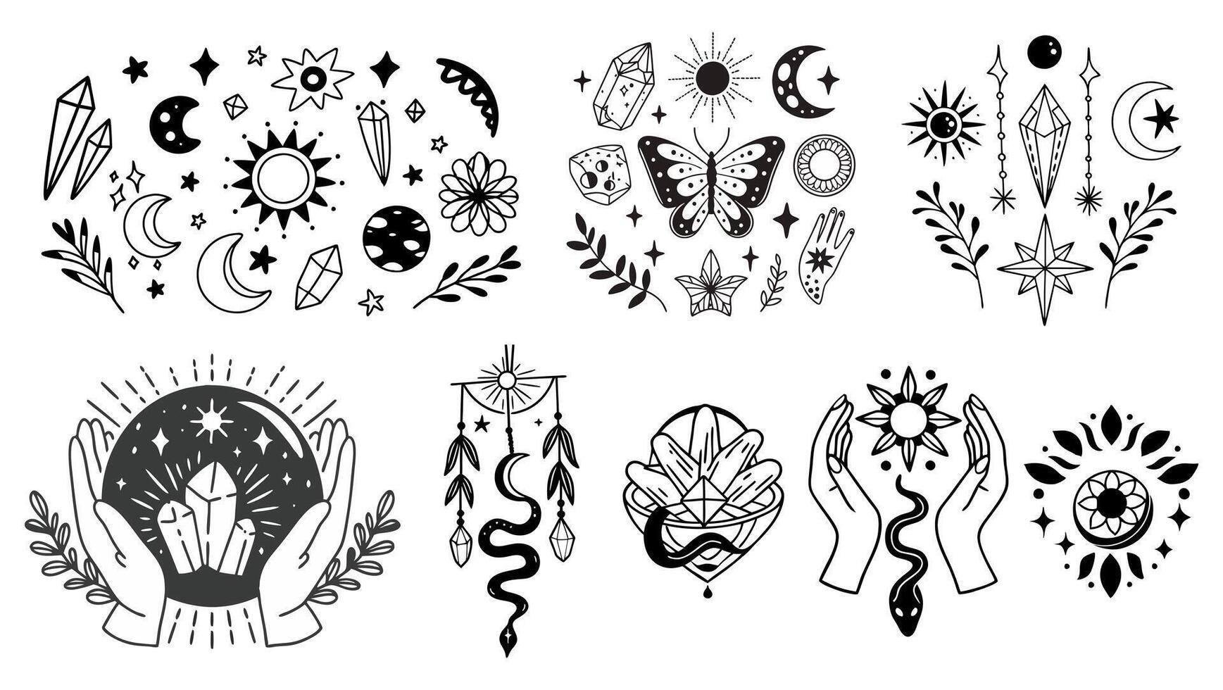 Hand drawn celestial and mystical symbols in an artistic design vector